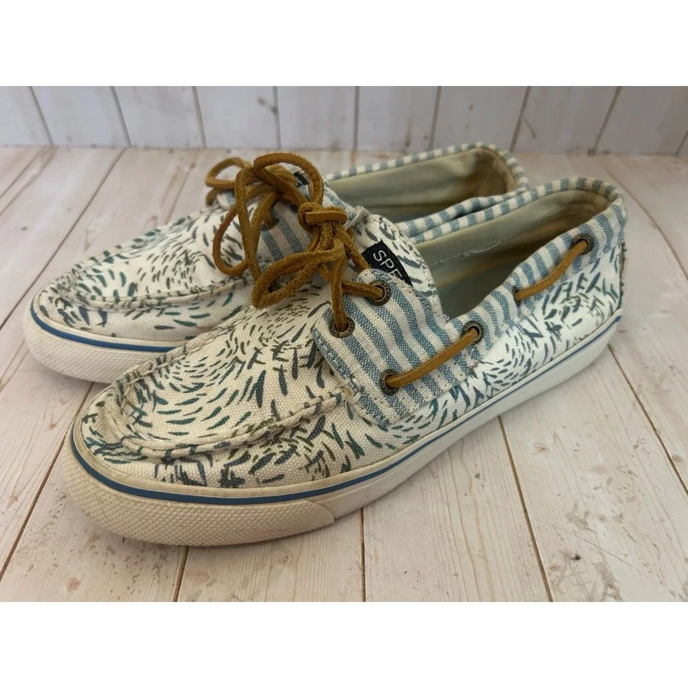 Sperry Top-Sider Men 7 Blue & White Bahama Coral Print Boat Shoes Slip-On